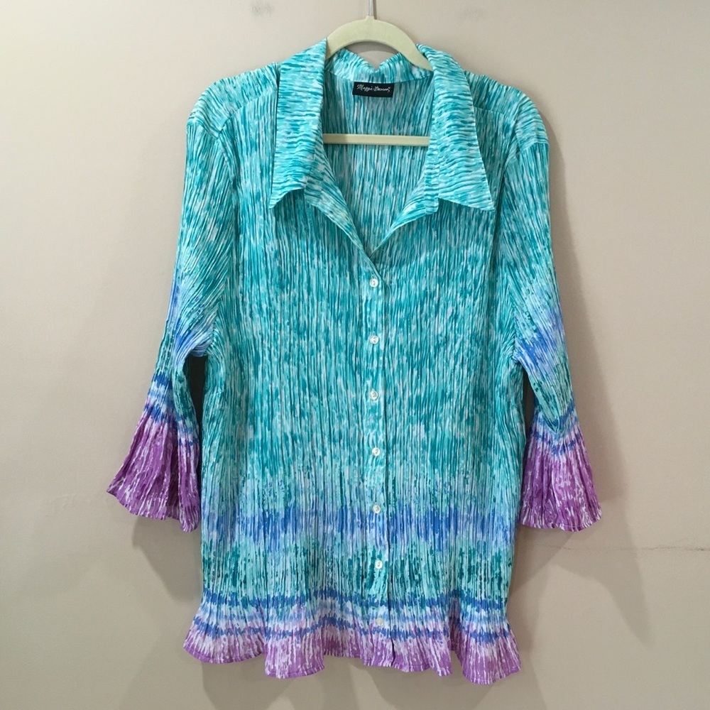 Vintage Maggie Barnes Textured Ombre Tunic Shirt Top Crinkle Green Purple Women